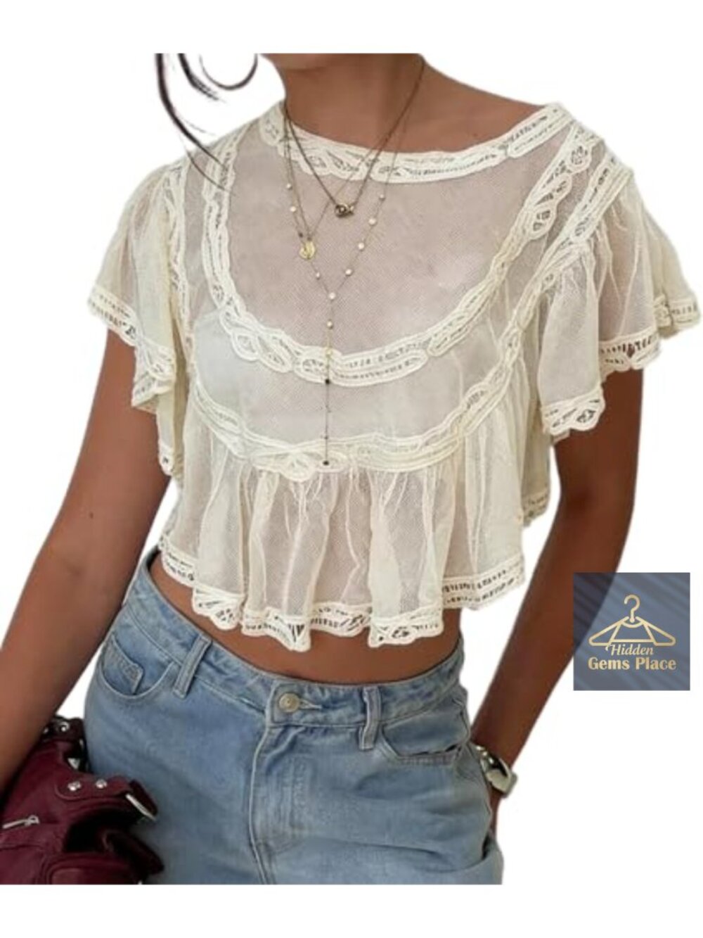 Women Lace Sheer Poncho Top Boho Ruffle Sleeve Flowy Shawl Blouse Cover Up